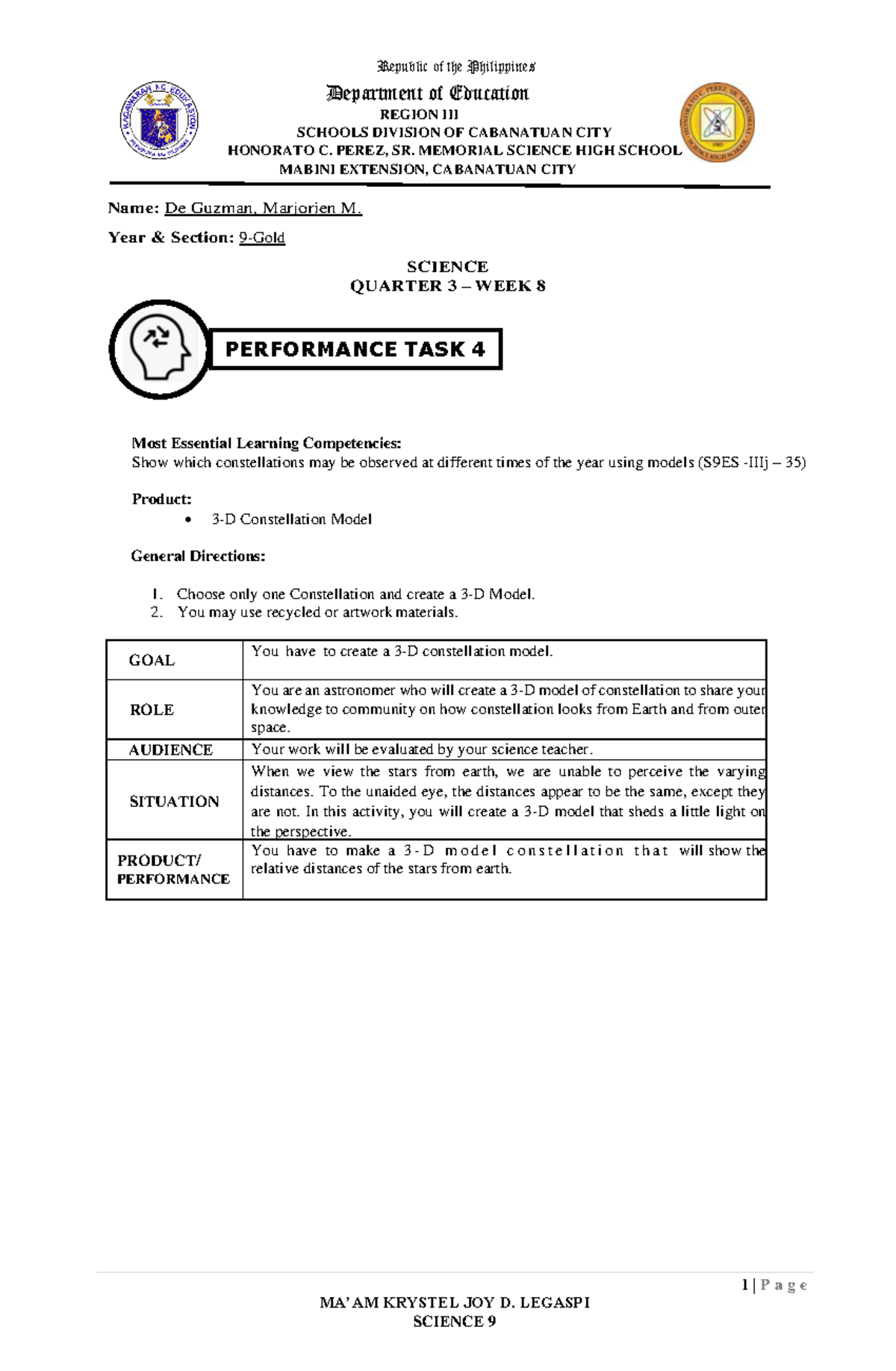 Performance Task 4 in Science (Third Quarter) - De Guzman, Marjorien M ...