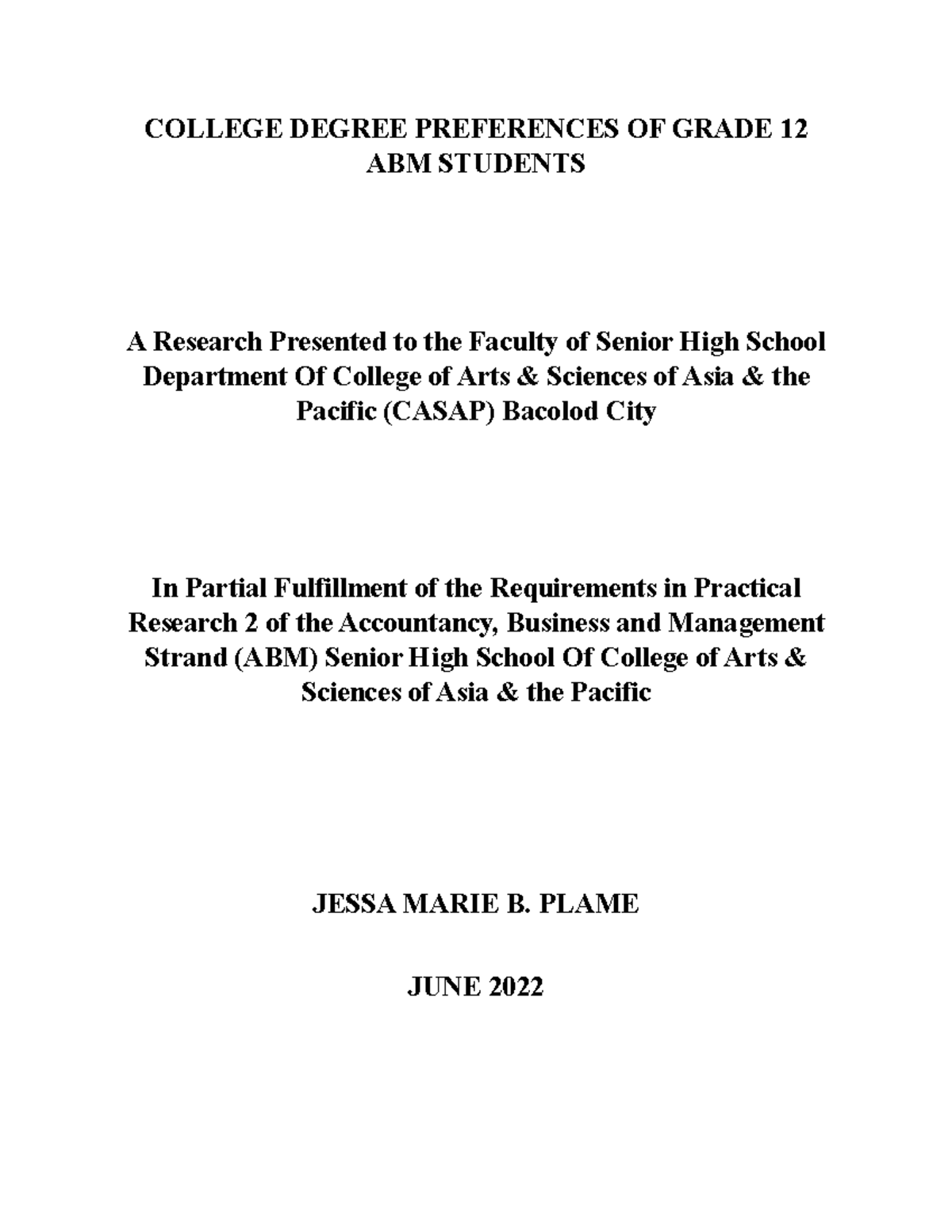 Document 3 - RESEARCH - COLLEGE DEGREE PREFERENCES OF GRADE 12 ABM ...