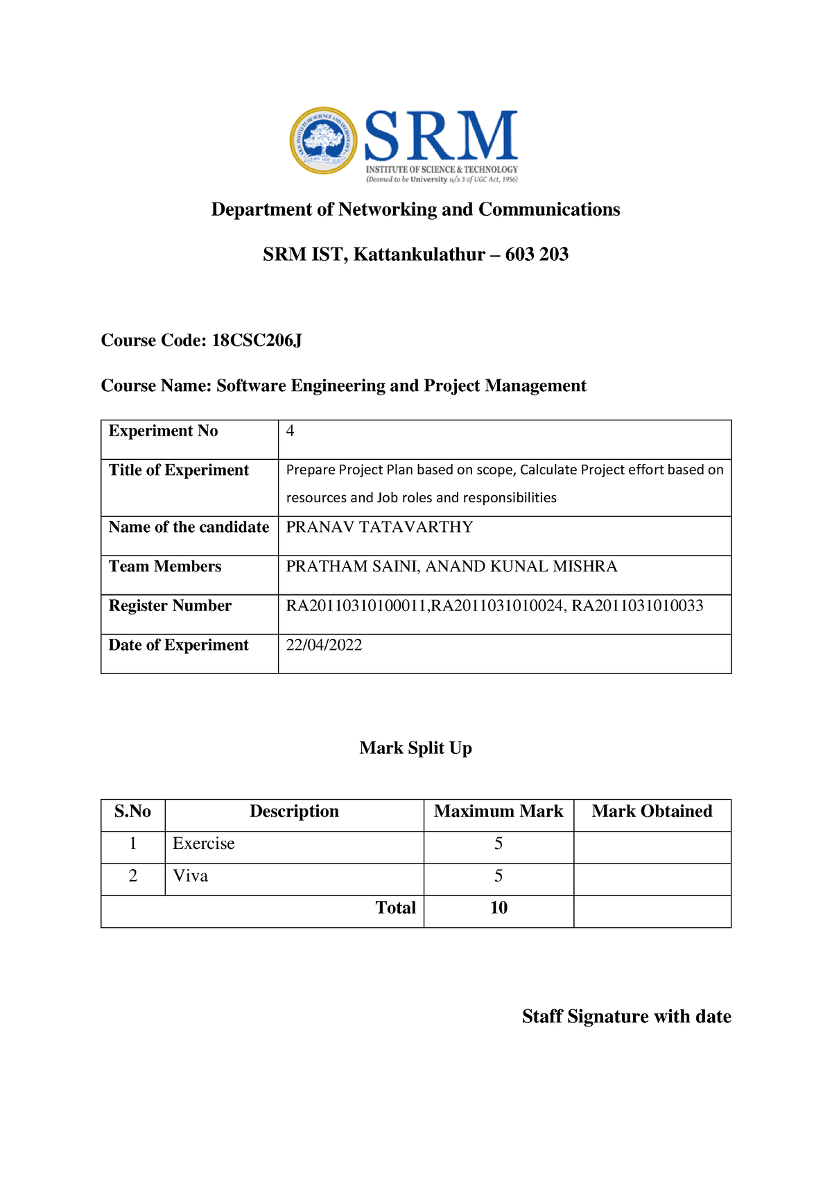 18CSC206J SEPM Ex 4 - exp 4 - Department of Networking and ...