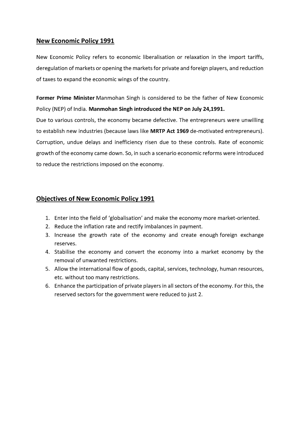 essay about new economic policy