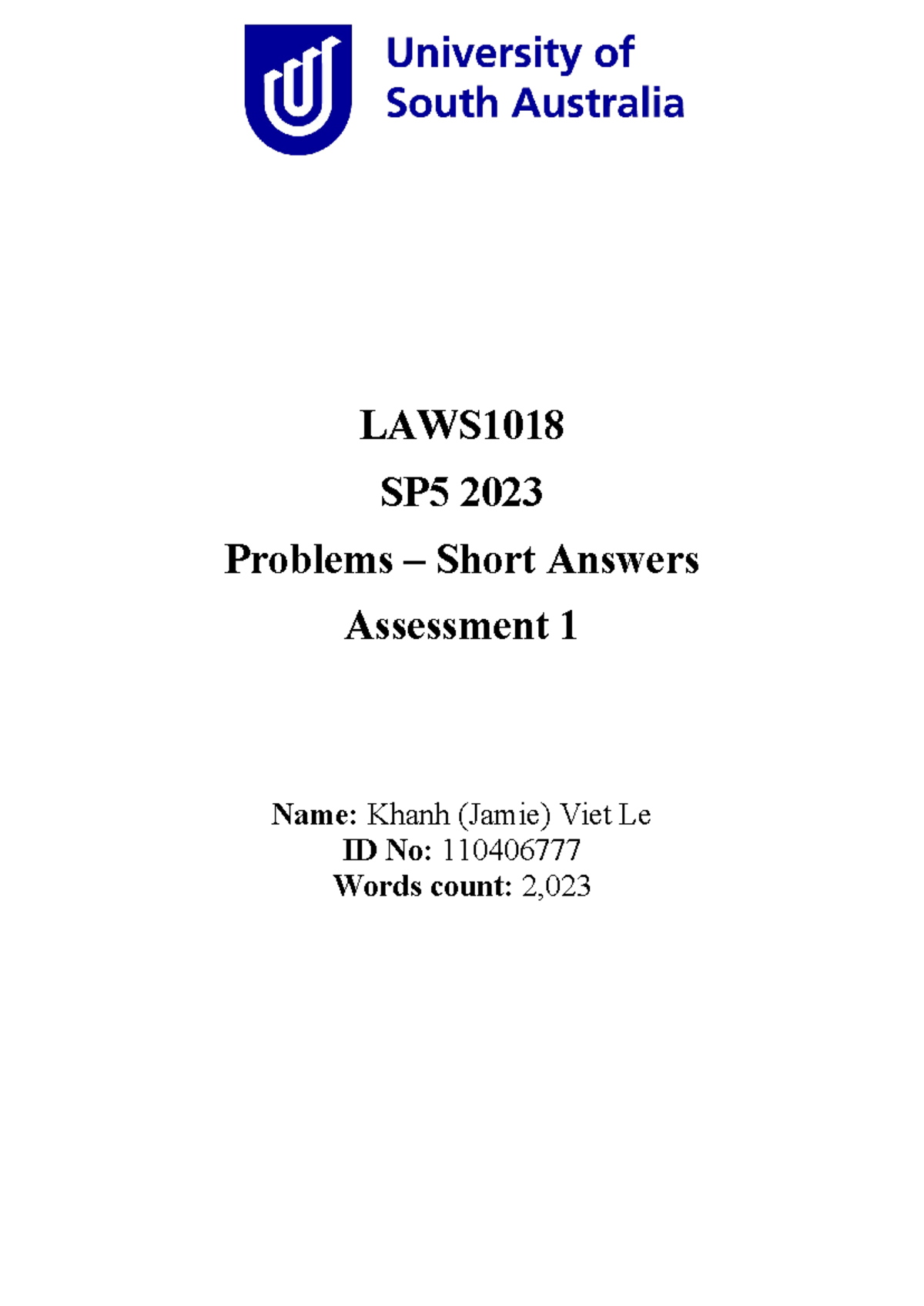 Assessment 1 - Credit - LAWS SP5 2023 Problems – Short Answers ...