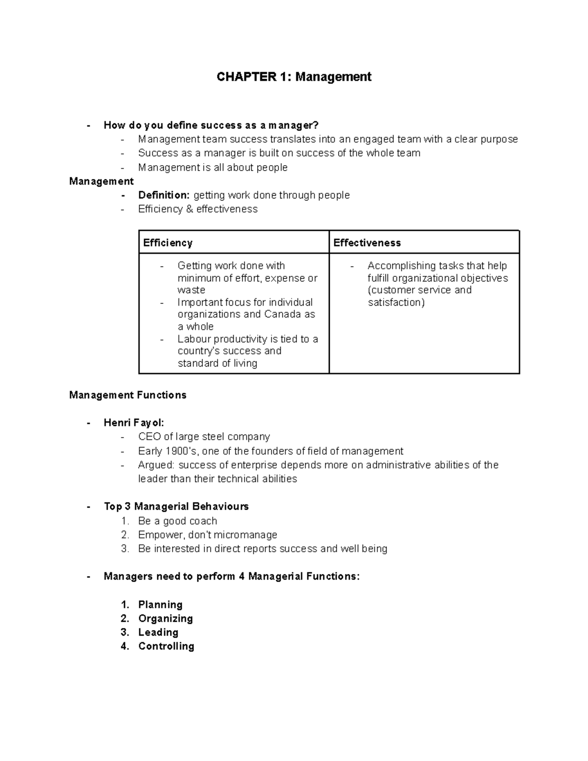 BUS 2005- Chapter 1 - CHAPTER 1: Management - How do you define success ...