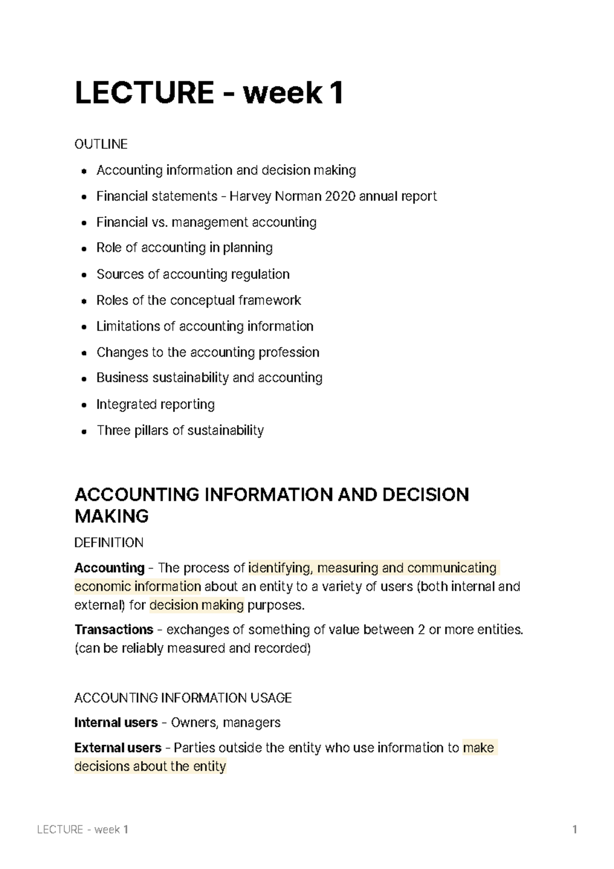 BUSN1001 Lecture 1 - introduction to acounting - LECTURE - week 1 ...