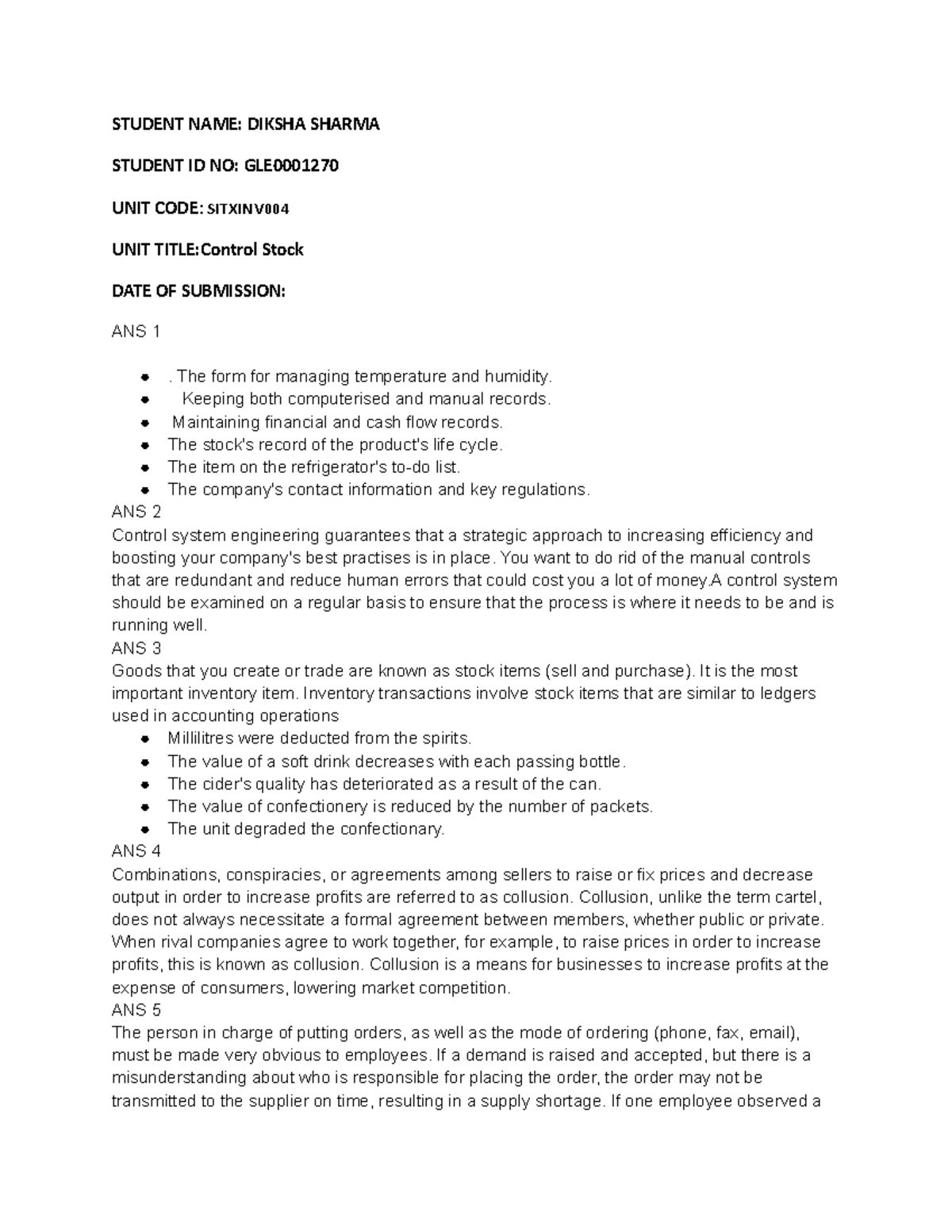 Control stock ass - All assessment - STUDENT NAME: DIKSHA SHARMA ...