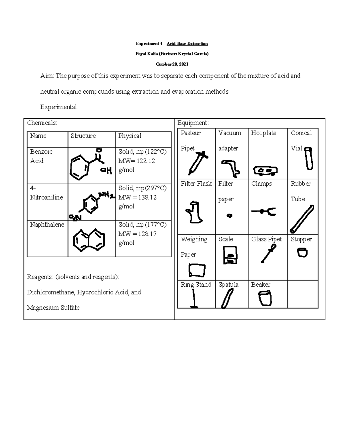 Experiment 4 Full Lab Report Experiment 4 3 AcidBase Extraction