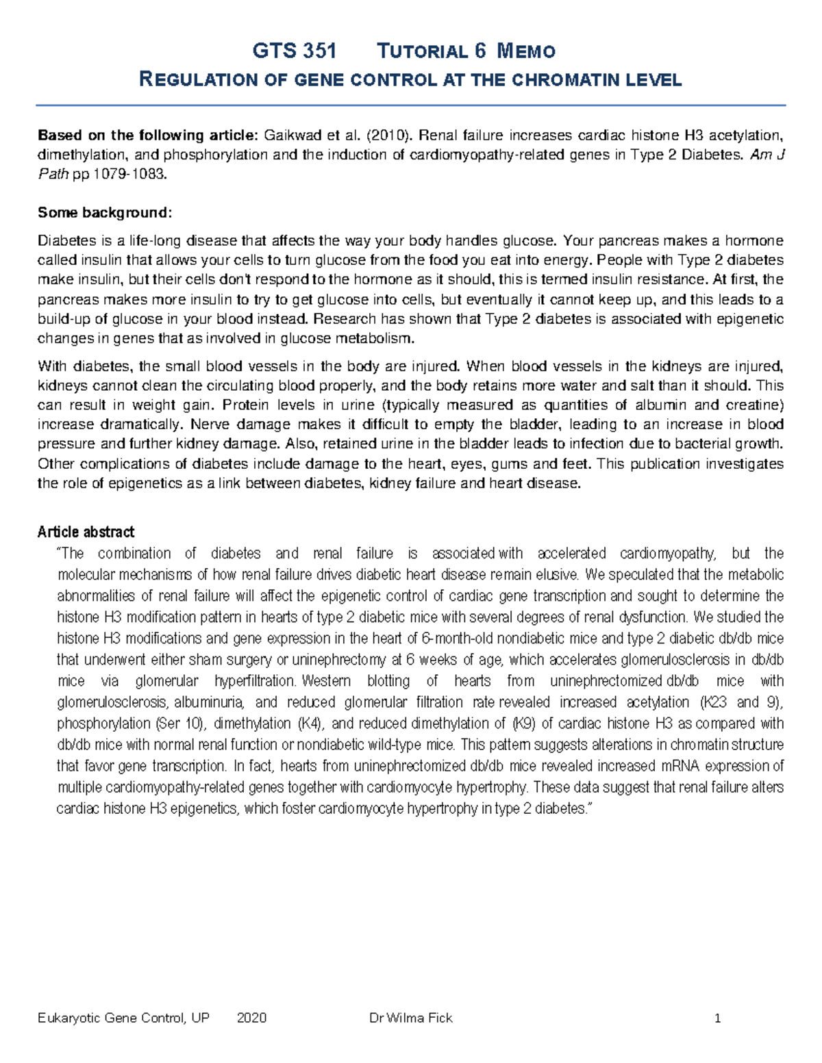 TUT6 MEMO Gene regulation at chromatin level 2020 GTS 351 TUTORIAL 6