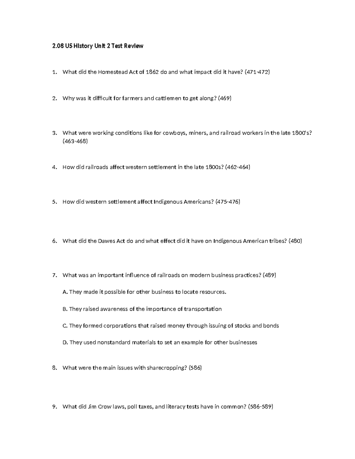 2.08 Unit 2 Test Review 2 US History Unit 2 Test Review What did the