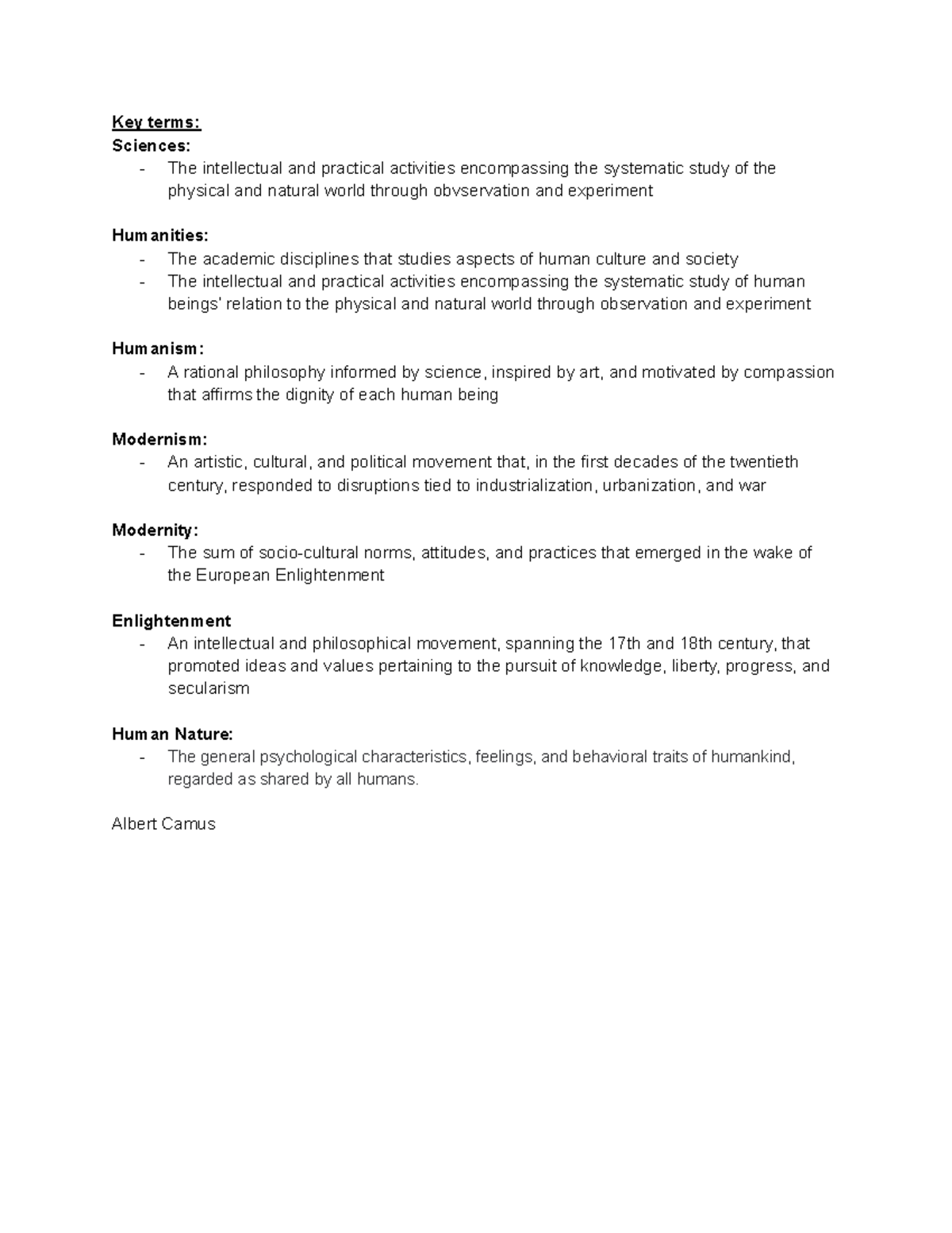 Humanities key terms - Key terms: Sciences: - The intellectual and ...