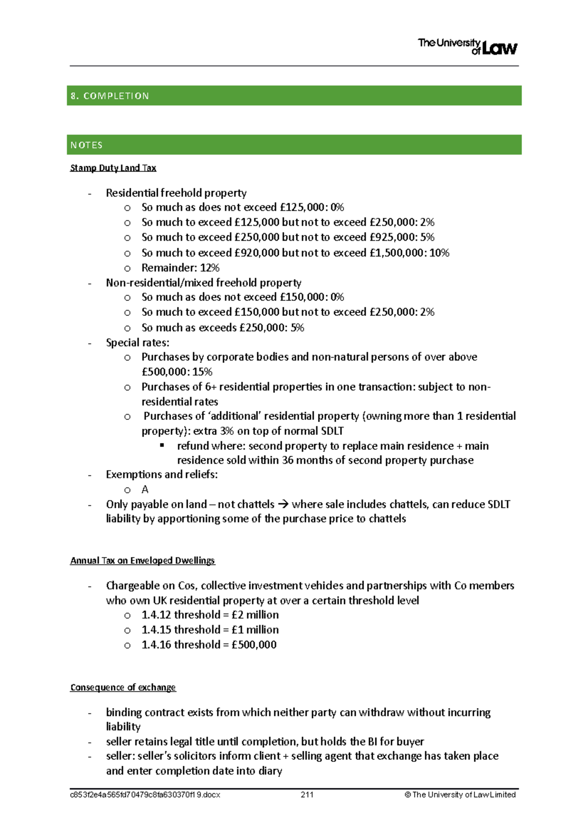 8. completion COMPLETION NOTES Stamp Duty Land Tax Residential