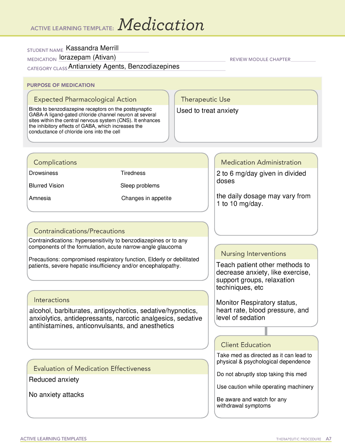 Lorazepam Template ACTIVE LEARNING TEMPLATES THERAPEUTIC PROCEDURE A