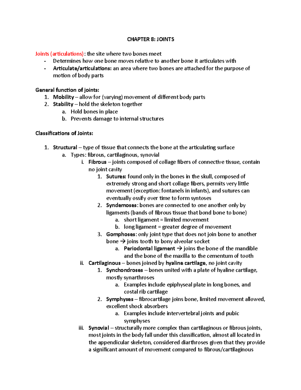 Chapter 8 joints word doc notes - CHAPTER 8: JOINTS Joints ...