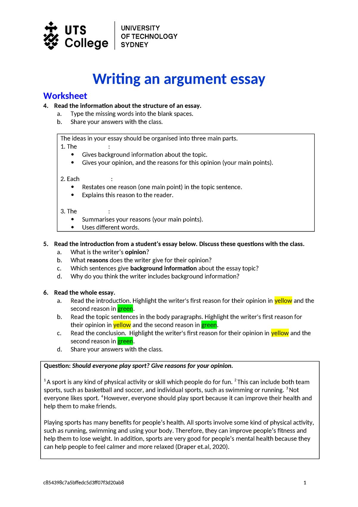 Writing an argument essay 1 - Worksheet - Writing an argument essay ...