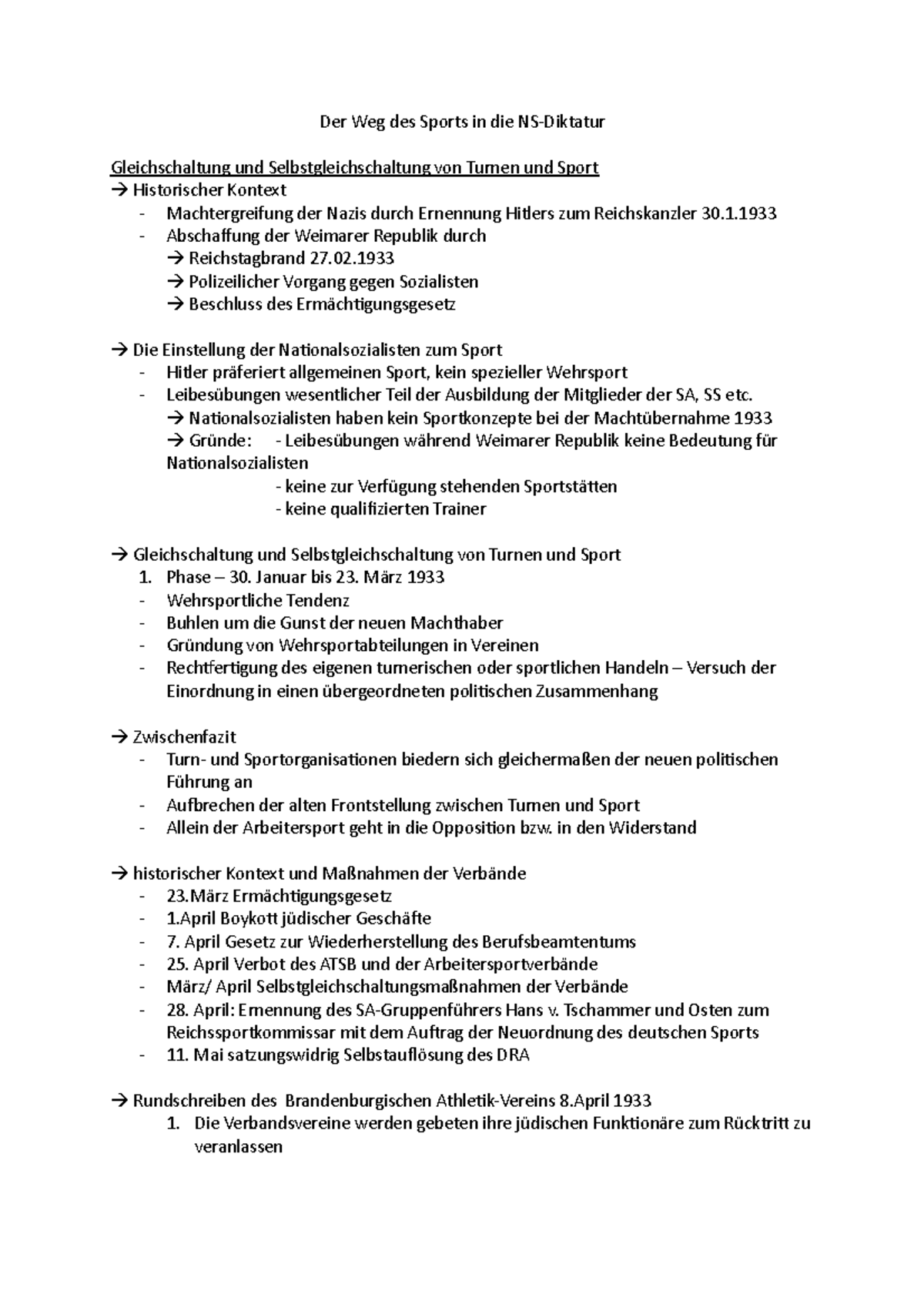 Der Weg des Sports in die NS Der Weg des Sports in die NSDiktatur Gleichschaltung und Studocu