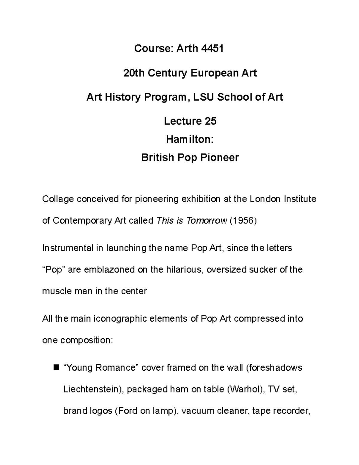 Hamilton 20th Century Art Lecture Notes summary from ppt Course