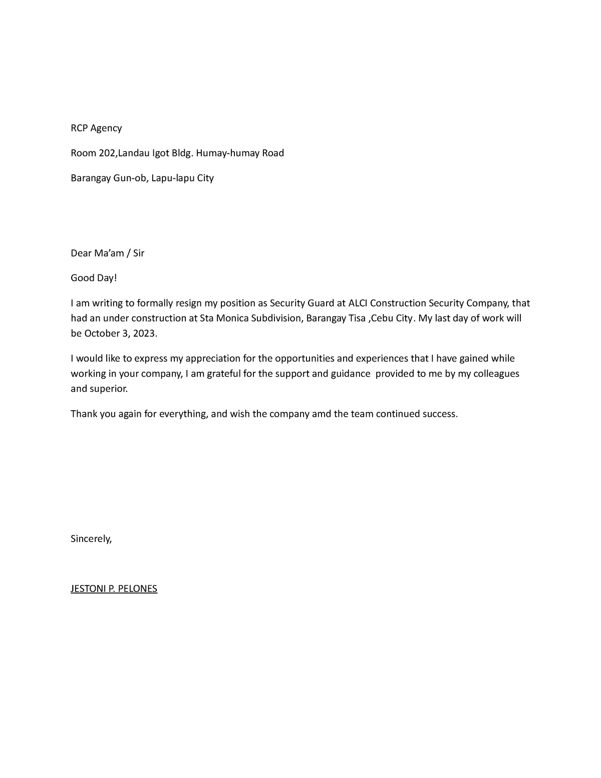Resignation letter - Dhhh - RCP Agency Room 202,Landau Igot Bldg. Humay ...