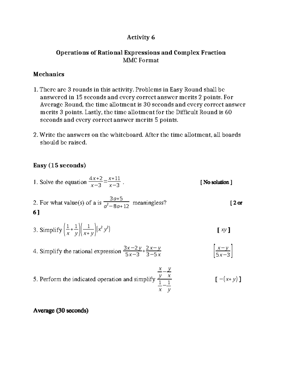 Activity 6 Operations on Rational Expression (Quiz Bee) - Activity 6 ...