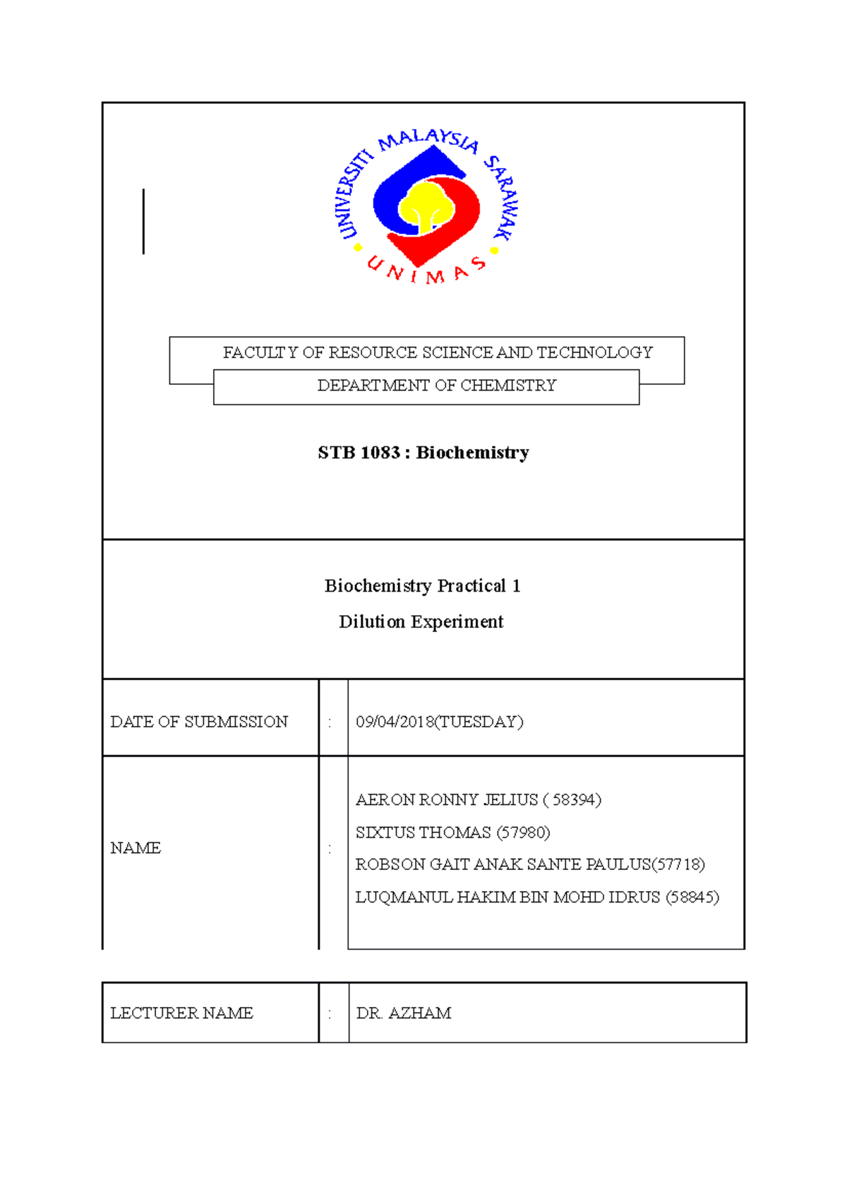 Biochemistry Lab Report Practical Study On Dilution Experiment