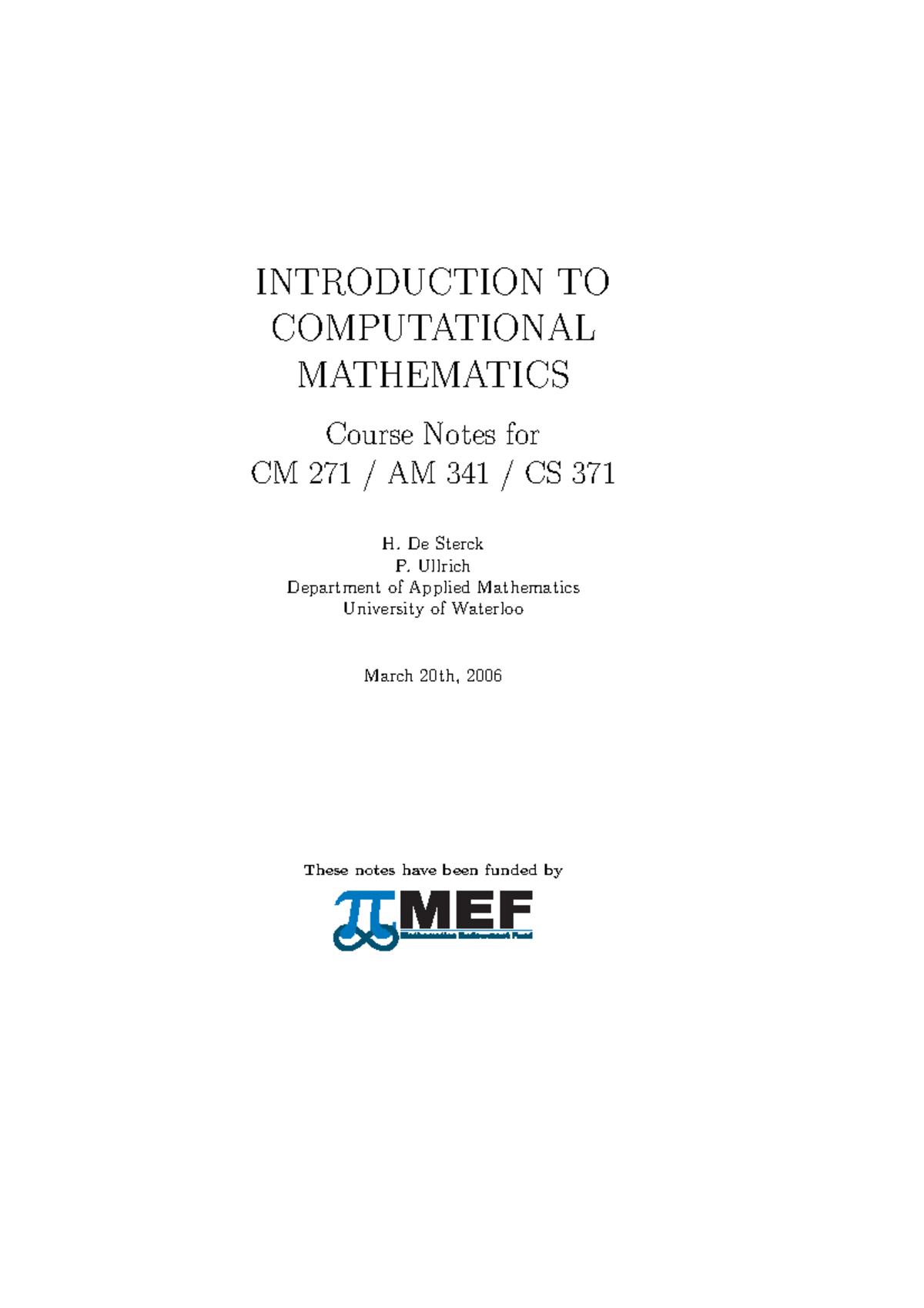 AM341 - Computational Math - INTRODUCTION TO COMPUTATIONAL MATHEMATICS ...