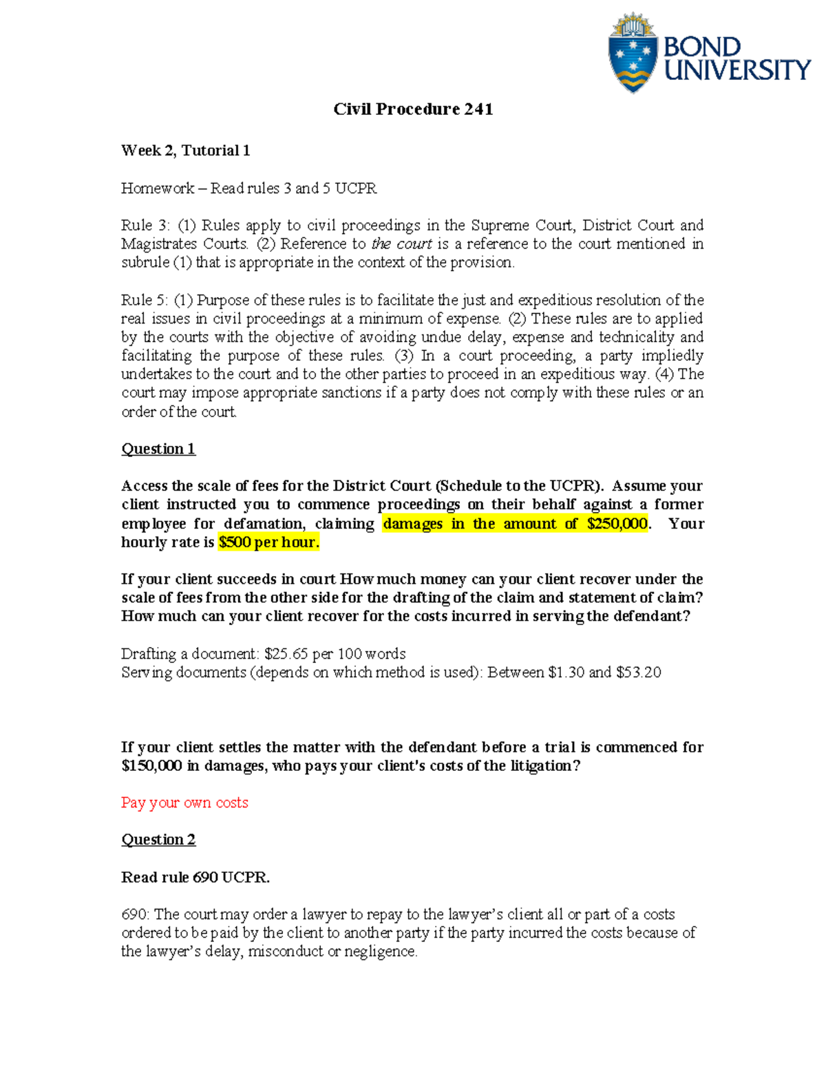 Tutorial 1 - Civil Procedure 241 Week 2, Tutorial 1 Homework – Read ...