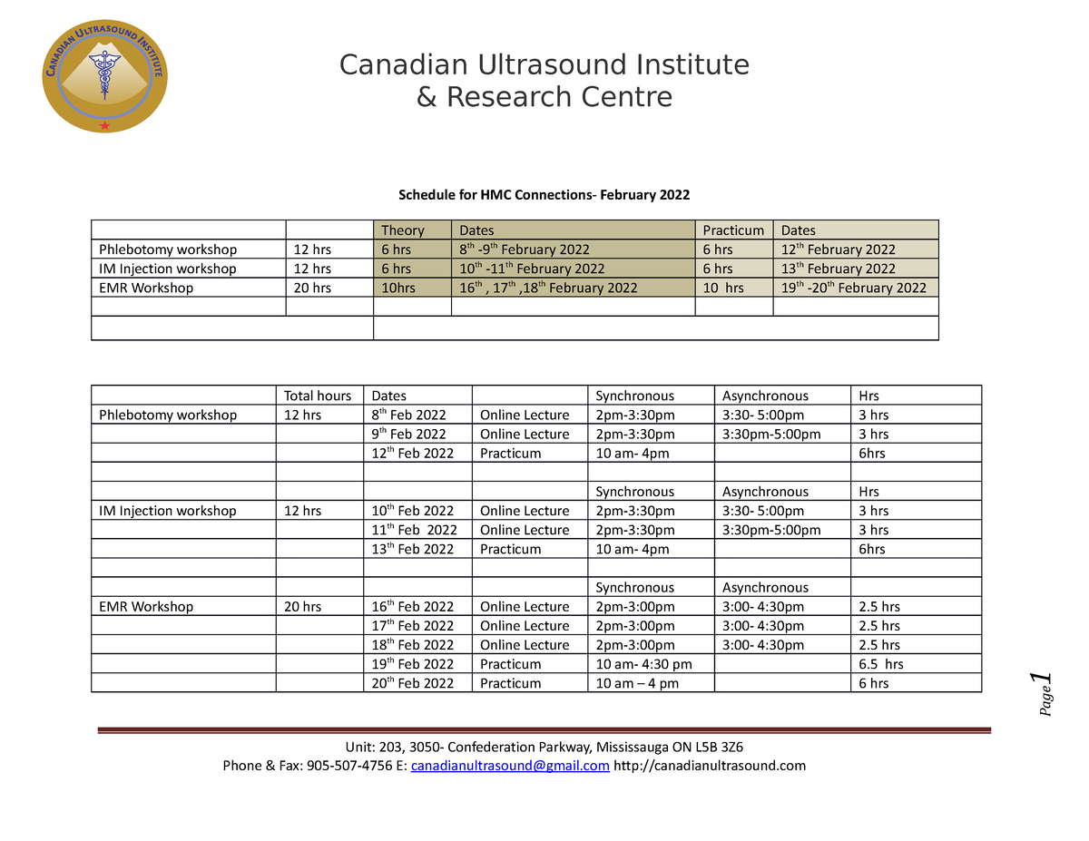 Schedule for HMC Connections feb Canadian Ultrasound Institute