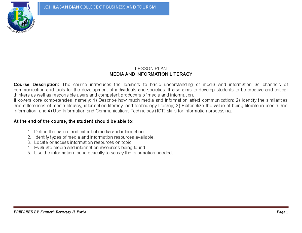 Lesson Plan MIL COR11 - LESSON PLAN MEDIA AND INFORMATION LITERACY ...