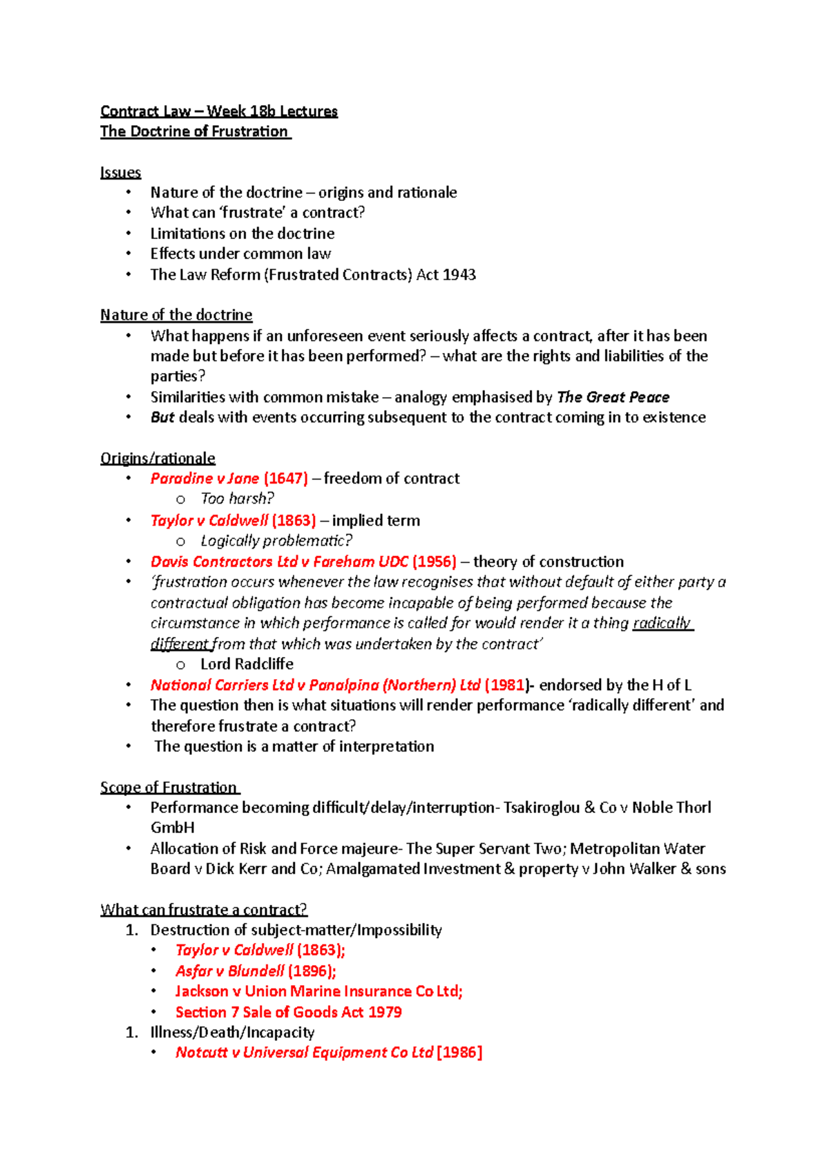 The Doctrine of Frustration - Contract Law – Week 18b Lectures The 