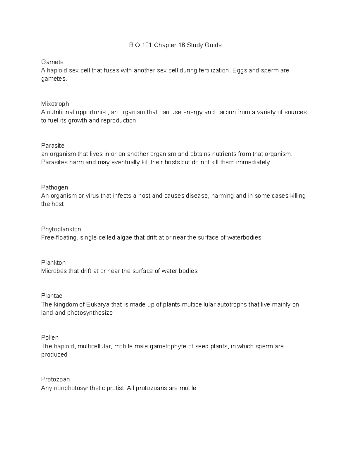 BIO 101 Chapter 16 Biology practice quiz number 16 BIO 101 Chapter 16 Study Guide Gamete A