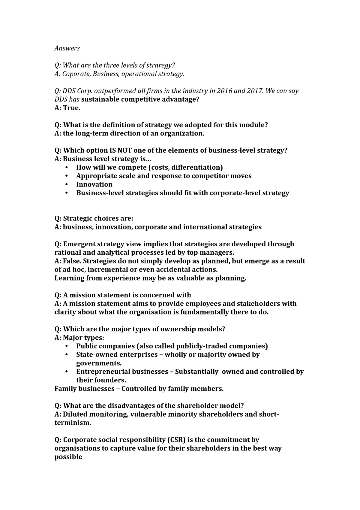 Exam questions & answers Answers Q What are the three levels of