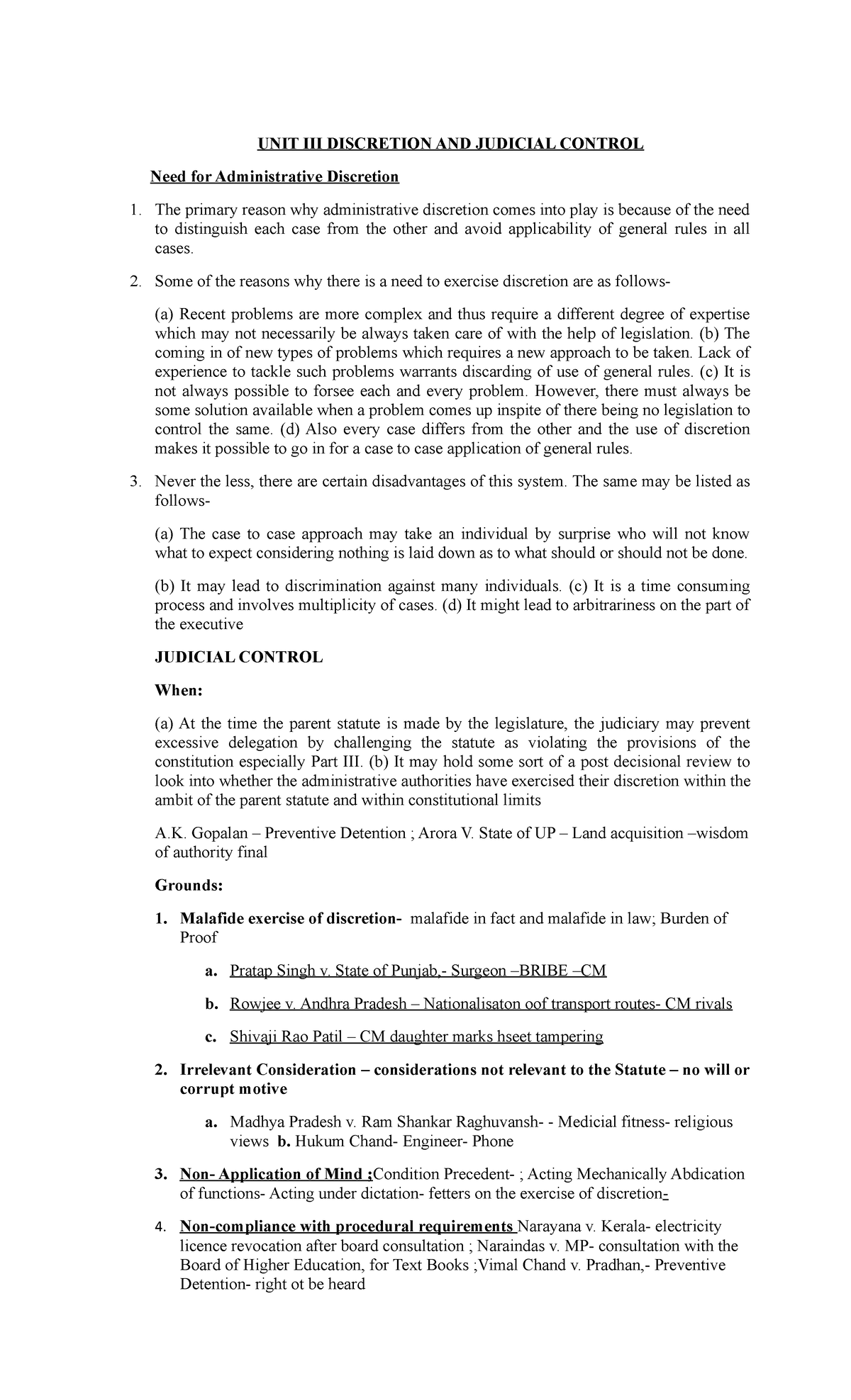 Unit III Discretionary Powers And Judicial Control - UNIT III ...