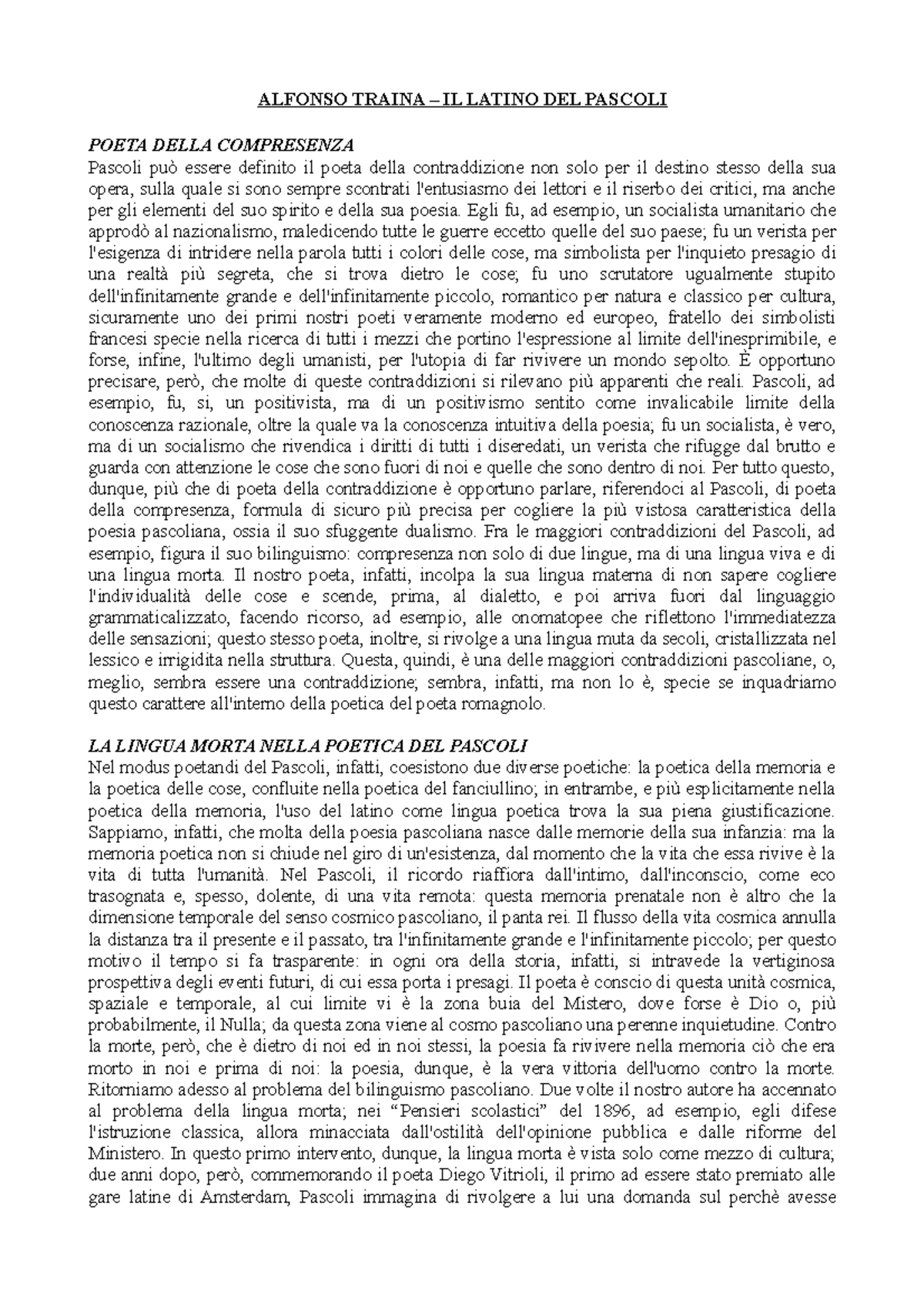 Alfonso Traina Il latino del Pascoli. Saggio sul bilinguismo poetico