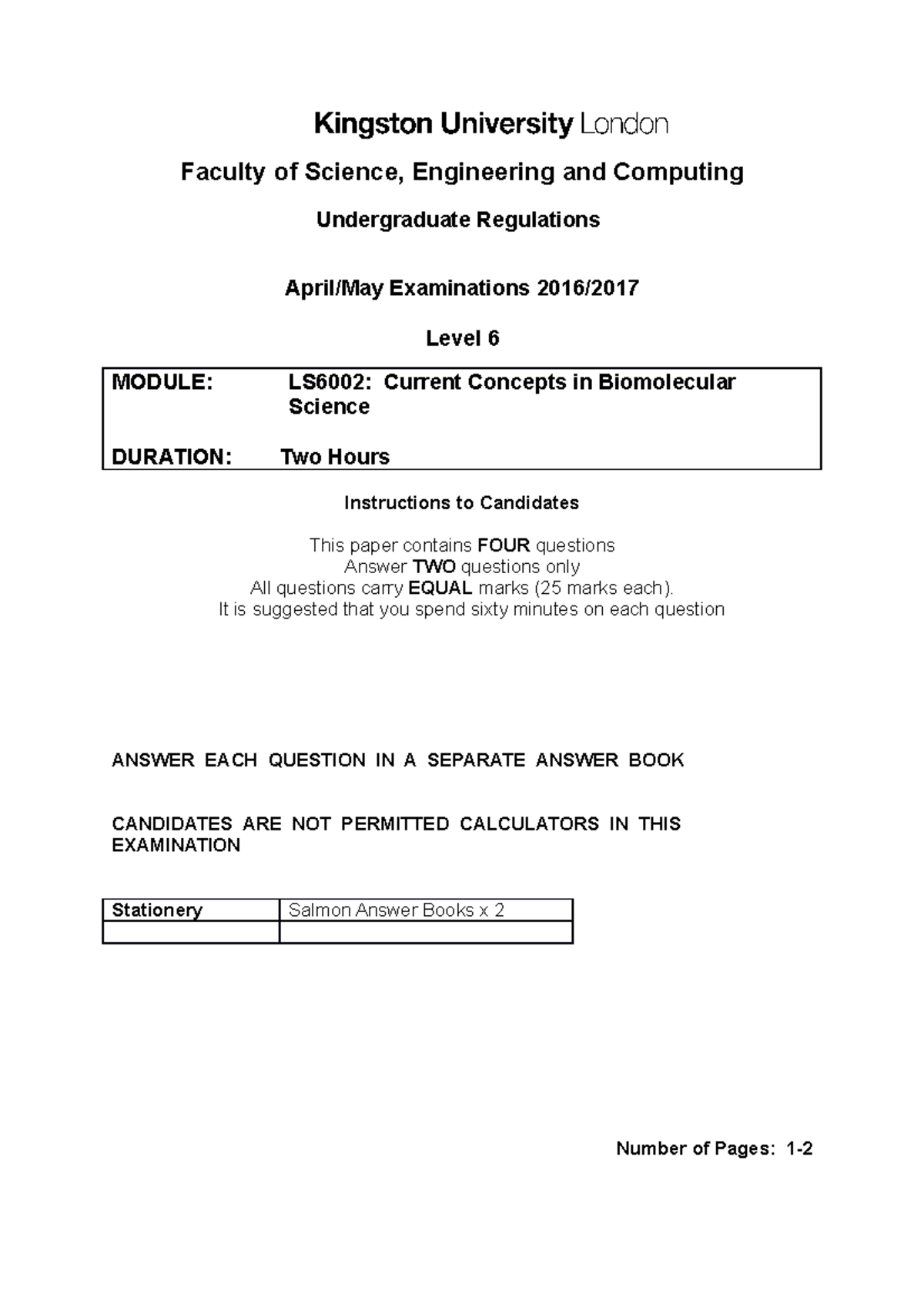 Current Concepts in Biomolecular Science 2016/17 Faculty of Science