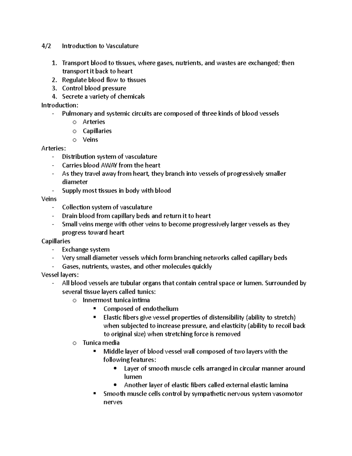 Introduction to Vasculature - 4/2 Introduction to Vasculature Transport ...