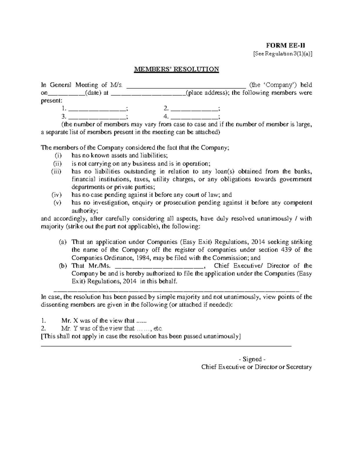 FORM EEII Members’ Resolution FORM EEII [See Regulation 3(1)(a