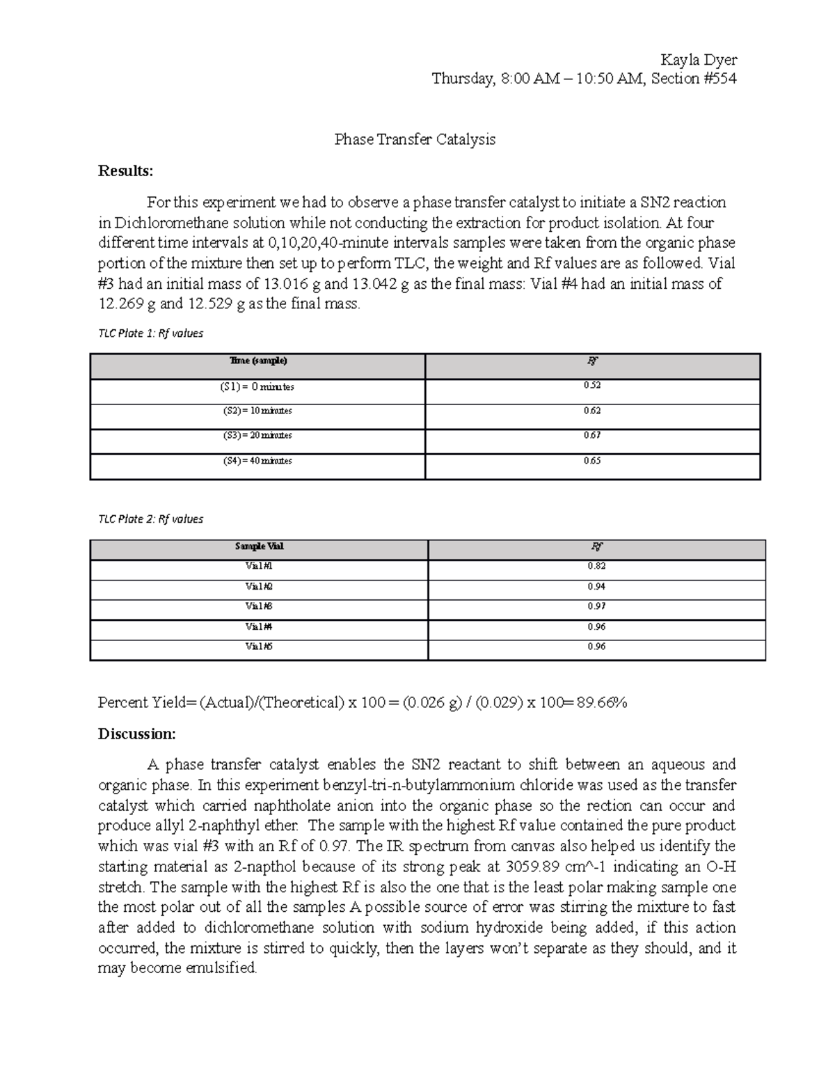 Phase Transfer Catalysis Lab Report Kayla Dyer Thursday, 800 AM 10