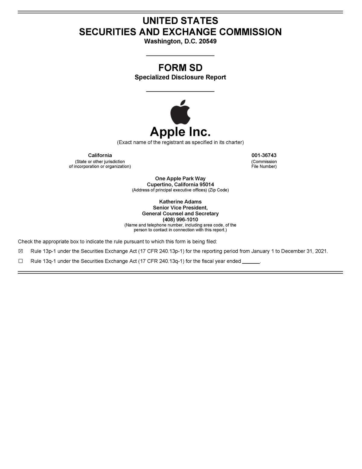 Apple Conflict Minerals Report UNITED STATES SECURITIES AND EXCHANGE