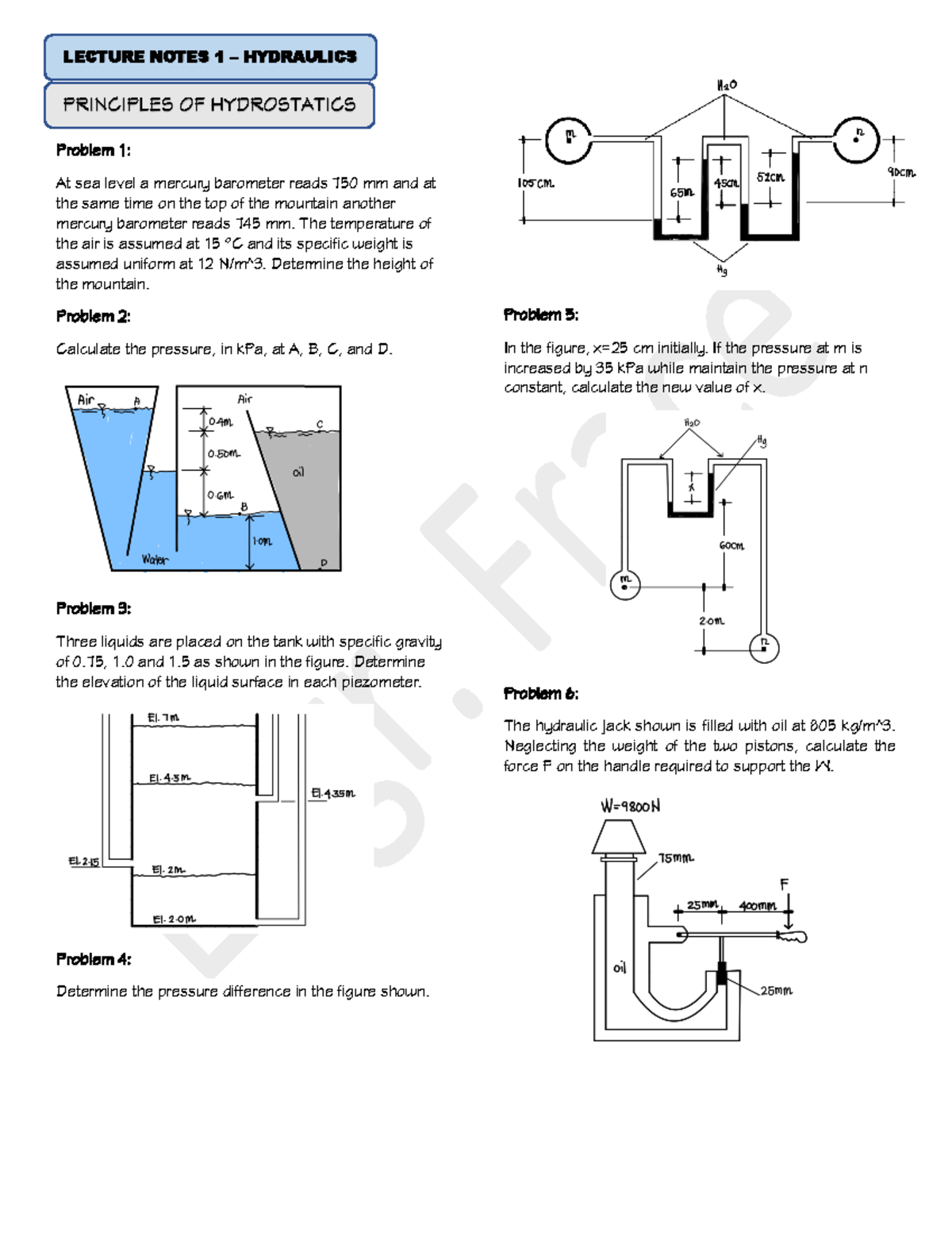 Hydraulics Lecture Notes 1 Problem Exercises Problem 1 At sea level