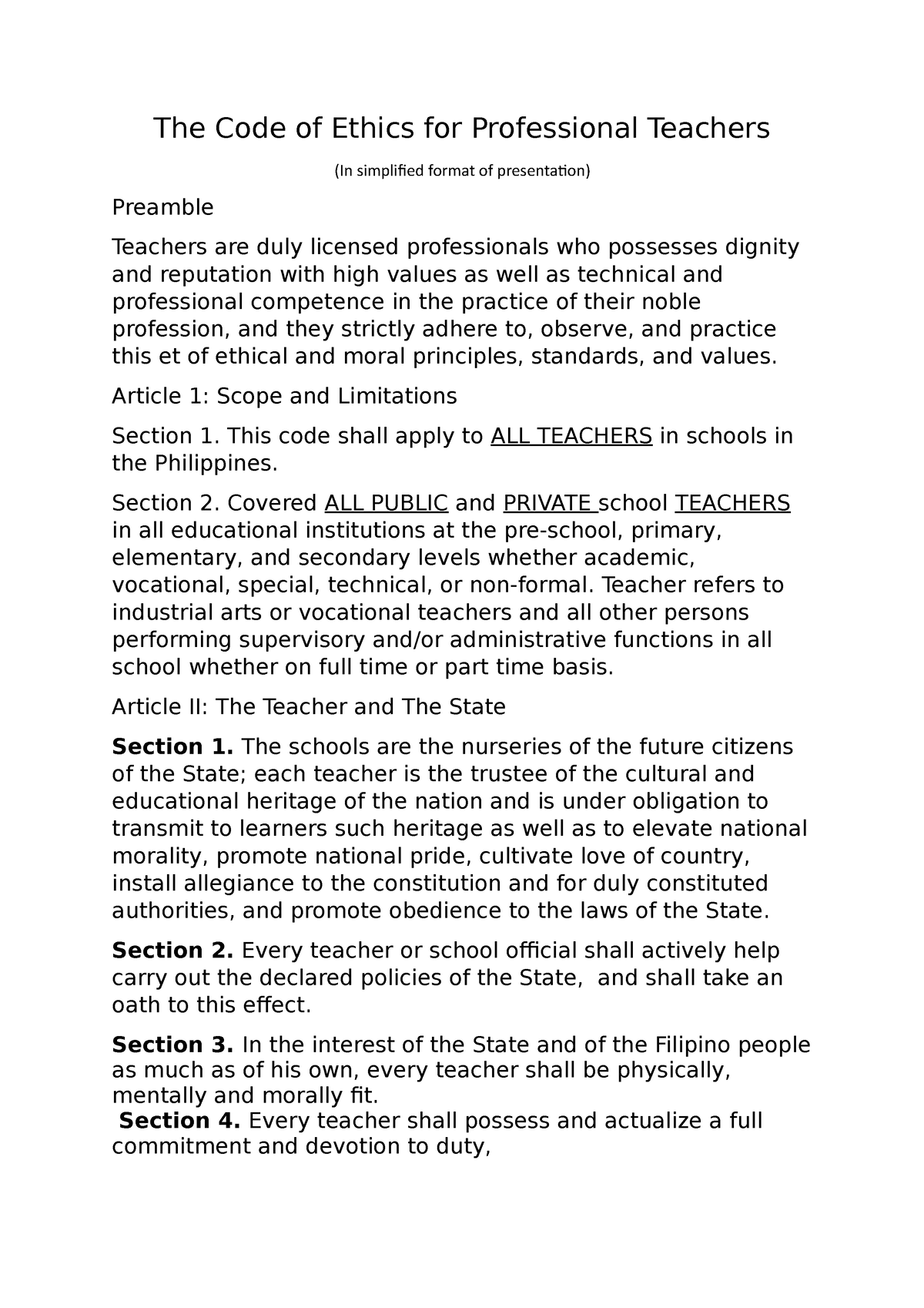 The Code of Ethics for Professional Teachers - Article 1: Scope and ...