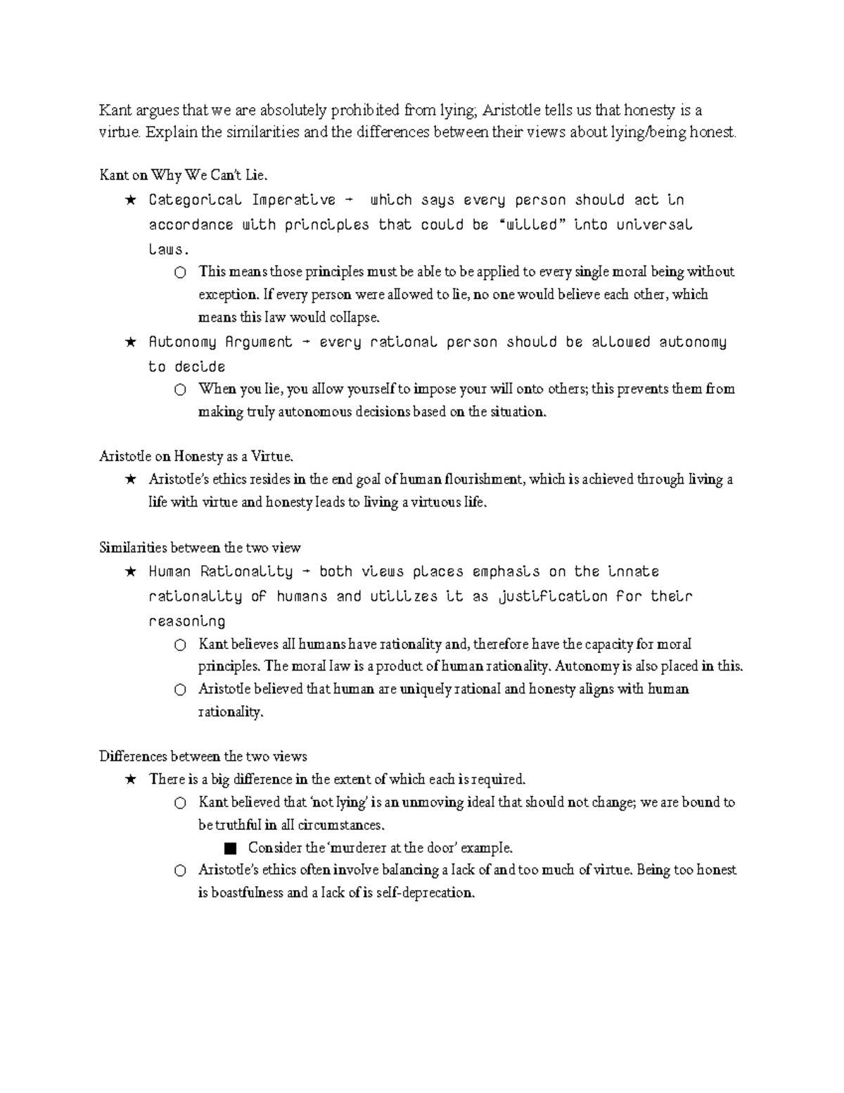 Final Study Guide - Kant argues that we are absolutely prohibited from ...