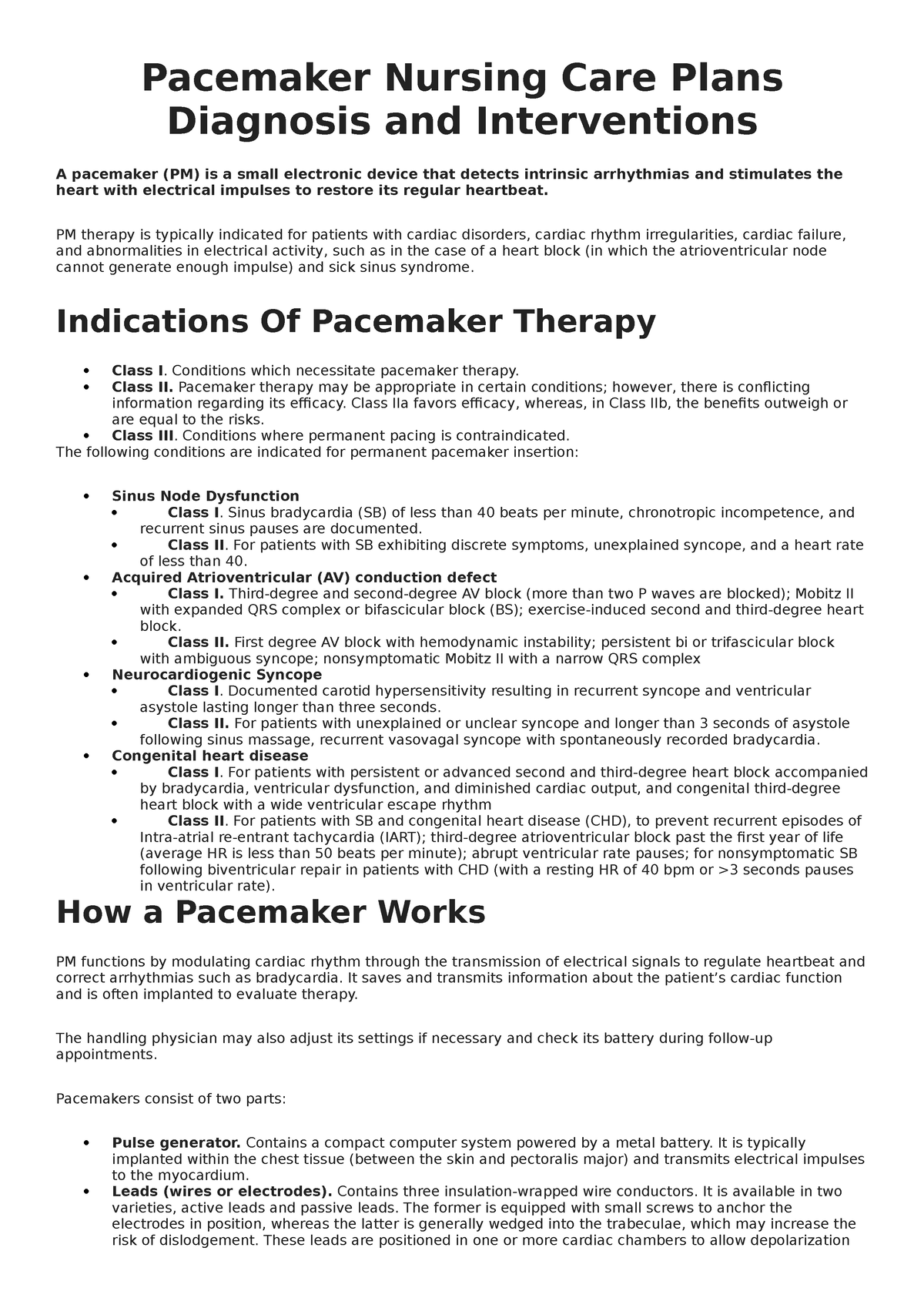 Pacemaker Nursing Care Plans Diagnosis And Interventions Pacemaker