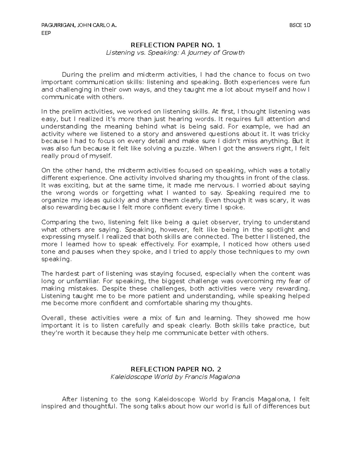 Reflection Paper NO - PAGUIRIGAN, JOHN CARLO A. BSCE 1D EEP REFLECTION ...