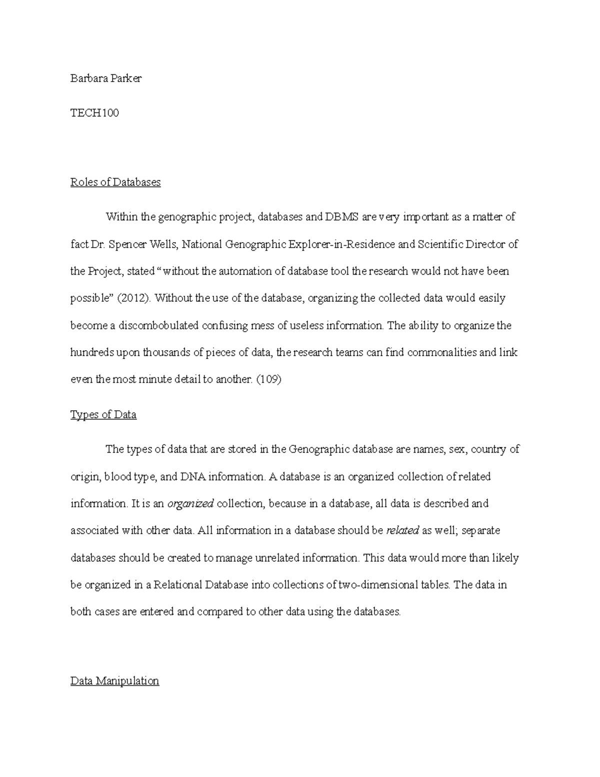 TECH 100 Week 4 Genographic Project Database Assignment - Barbara ...