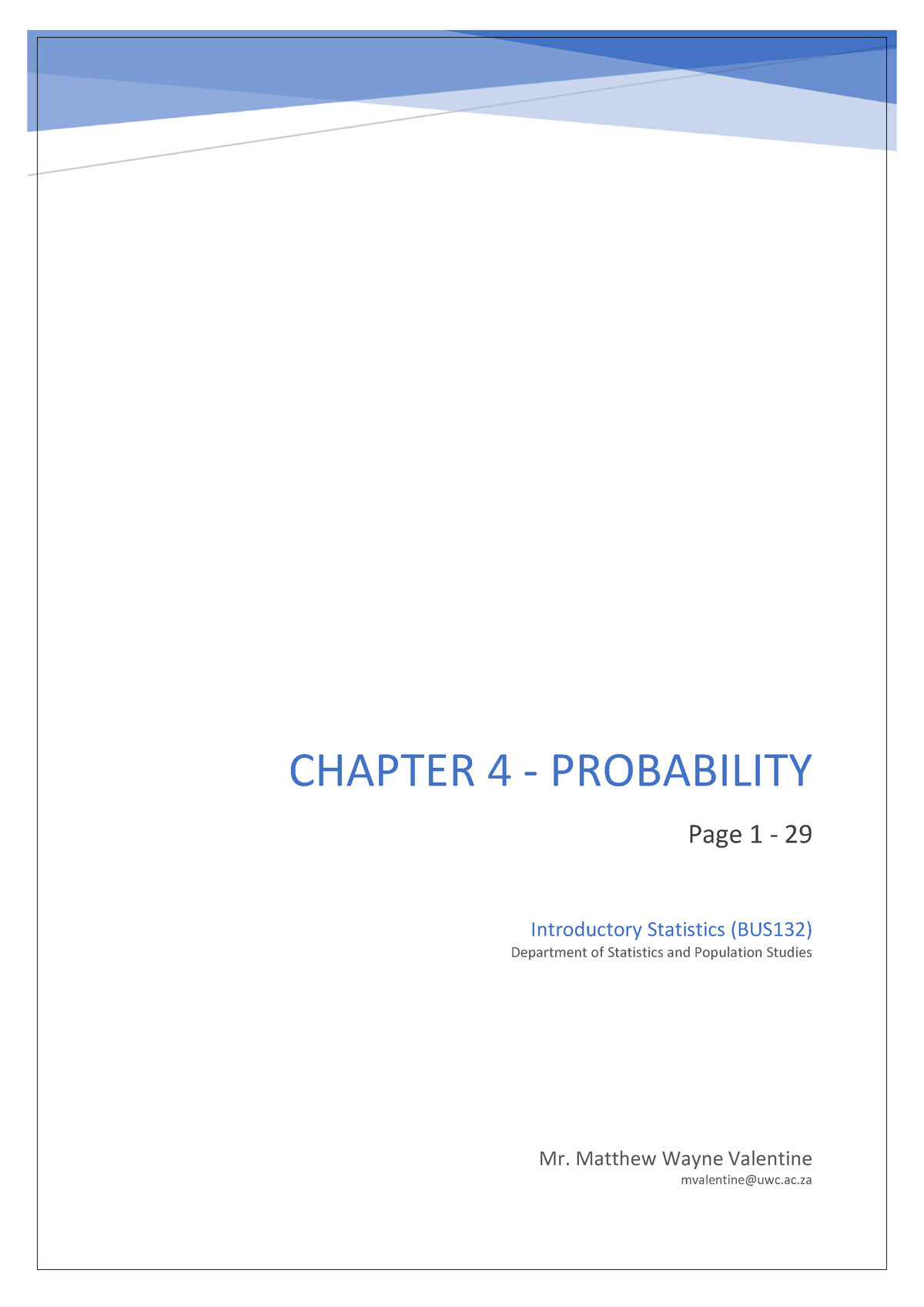 Chapter 4 - Probability - Lecture 1, 2 3 - CHAPTER 4 - PROBABILITY Page ...