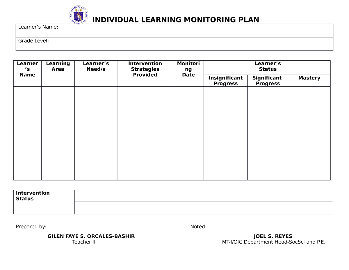 Learning-Monitoring-Plan - INDIVIDUAL LEARNING MONITORING PLAN Learner ...