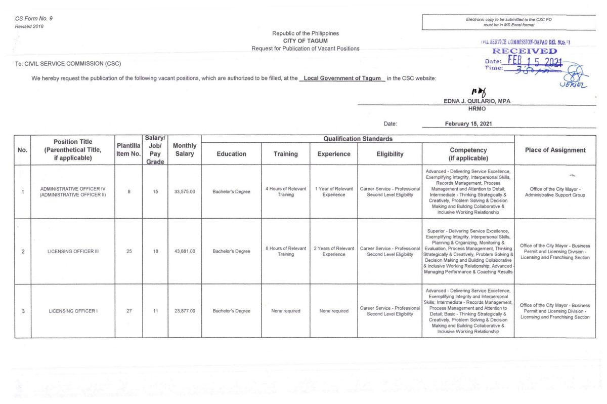 February- Publication - CS Form No. 9 Revised 2016 To : CIVIL SERVICE ...