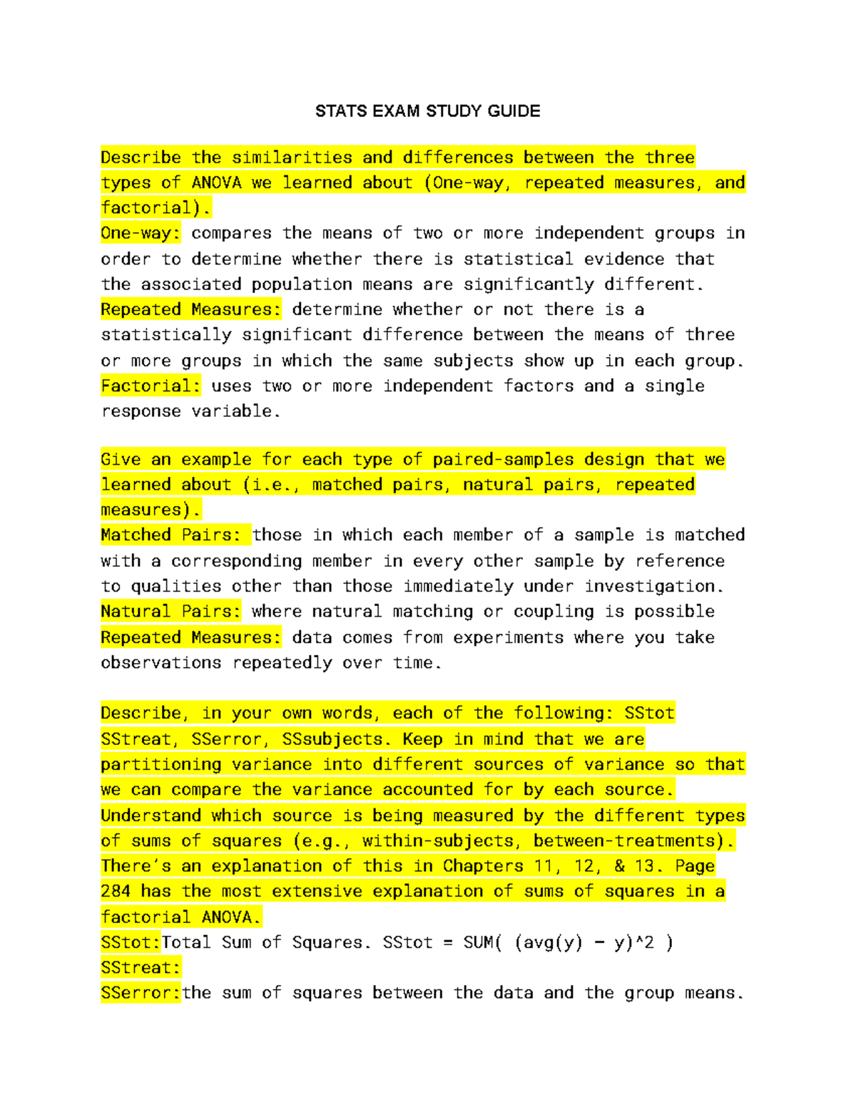 Stats Study Guide - STATS EXAM STUDY GUIDE Describe the similarities ...
