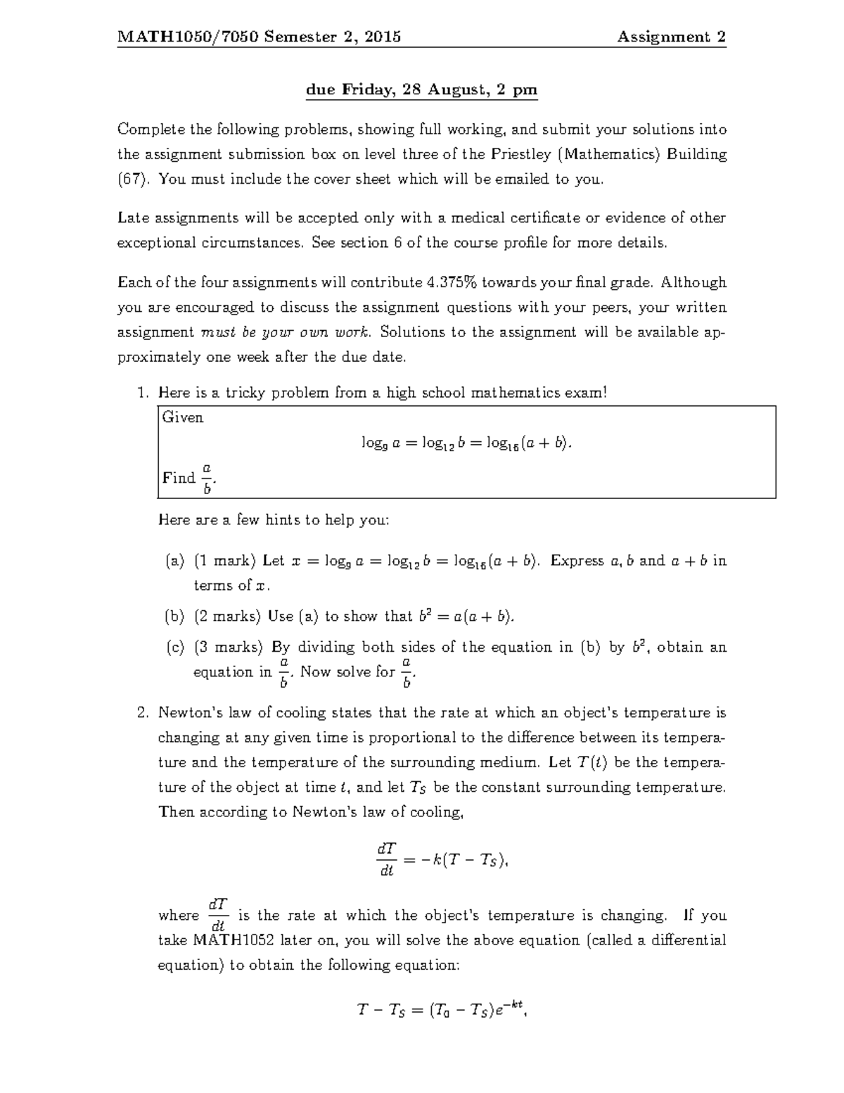 Seminar assignments - Mathematics foundations - math1050 - Semester 2 ...