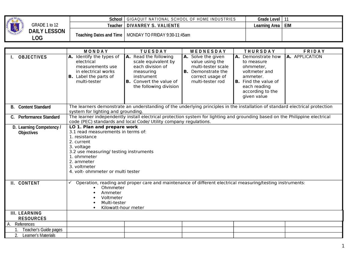 DLL-1 - GRADE 1 to 12 DAILY LESSON LOG School GI G A Q UI T NA TI O NA ...