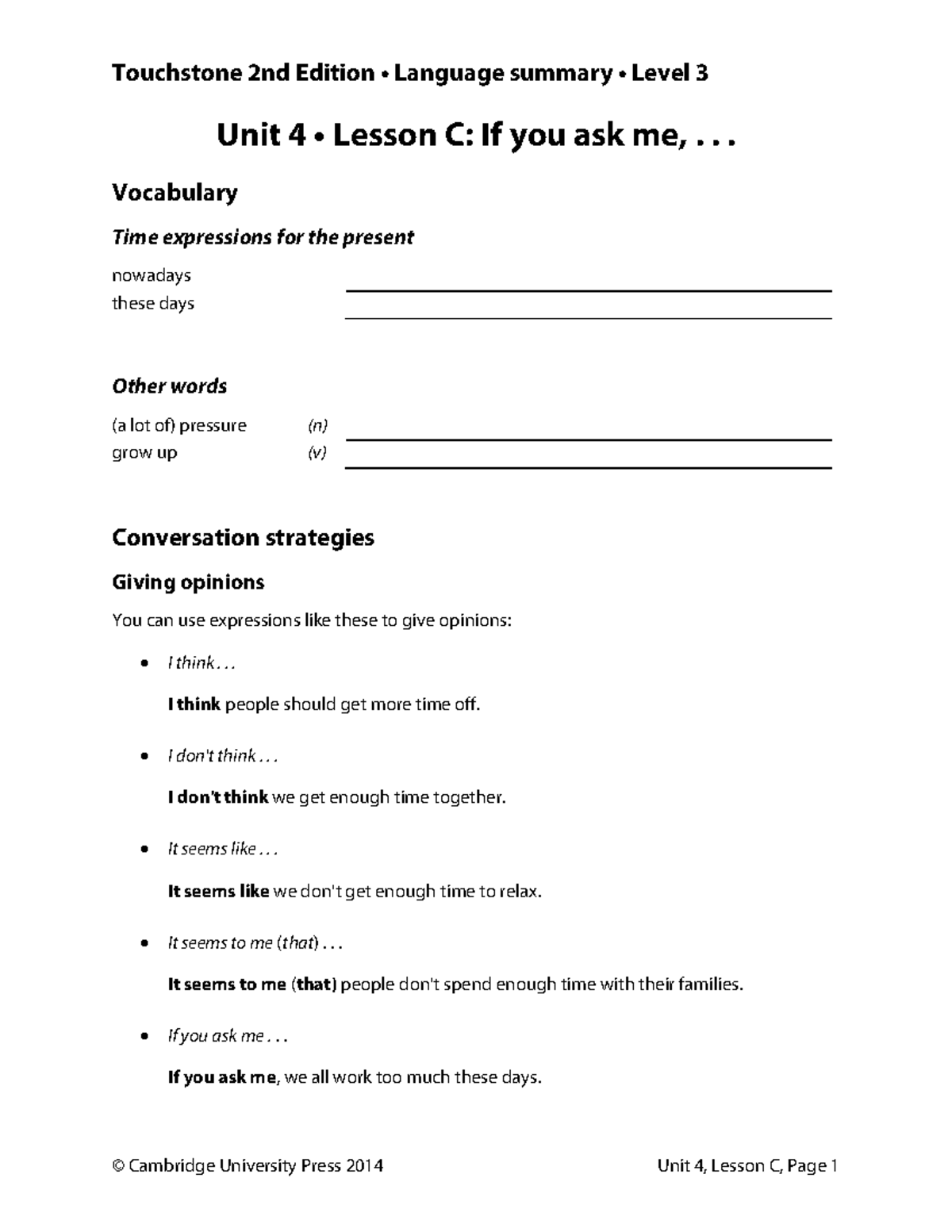 Unit 4 • Lesson C ingl Touchstone 2nd Edition • Language summary