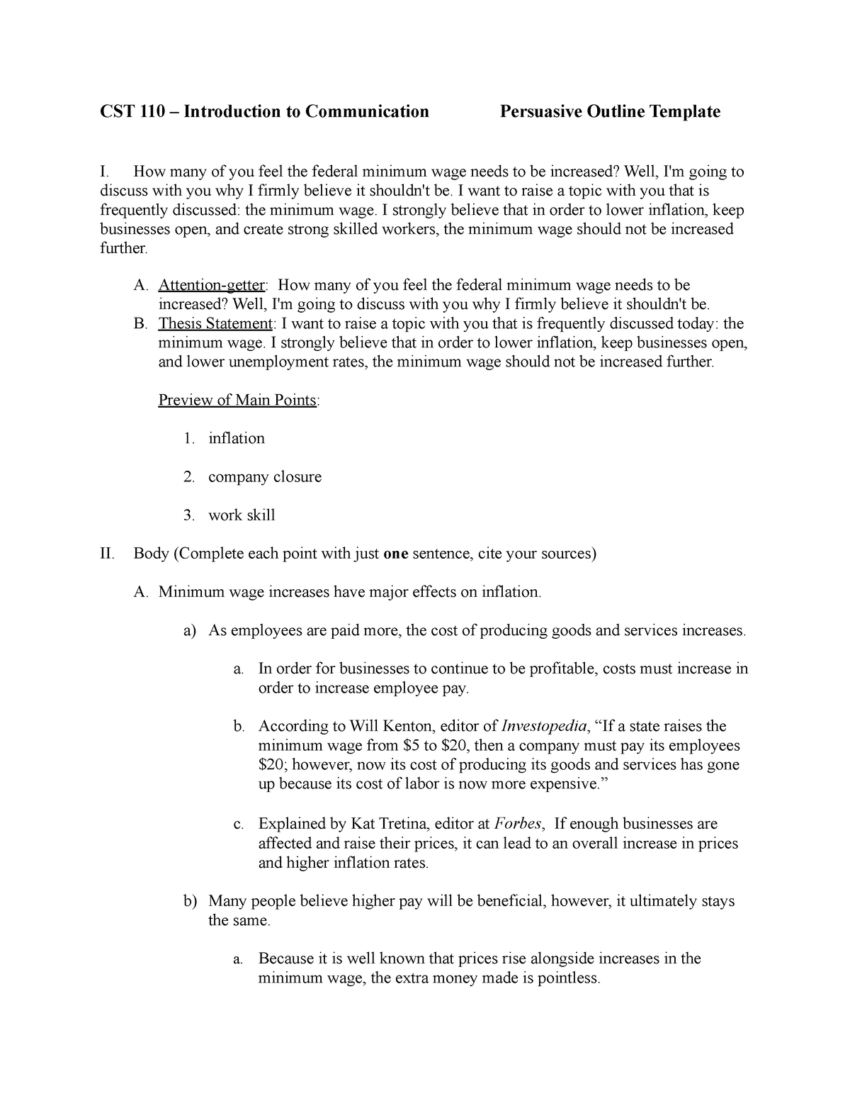 persuasive speech minimum wage outline