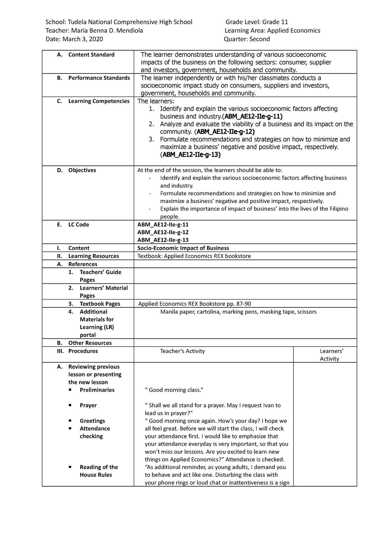 DLP - COT 4 - detailed lesson plan - Teacher: Maria Benna D. Mendiola ...